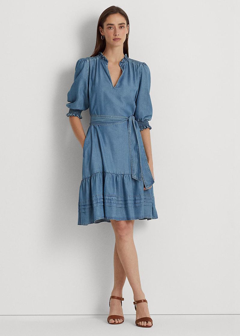 Sukienka Lauren Damska Niebieskie Belted Denim Puff-Sleeve 593047-OYA